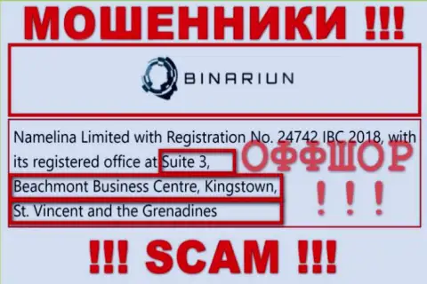 Работать с Binariun не торопитесь - их оффшорный адрес - Сьют 3, Бичмонт Бизнес Центр, Кингстоун, Сент-Винсент и Гренадины (информация взята с их web-сервиса)
