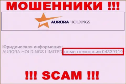 Номер регистрации кидал AuroraHoldings Org, представленный на их официальном сайте: 04839119