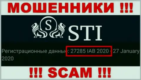 Регистрационный номер StokOptions, который мошенники показали на своей веб-странице: 27285 IAB 2020