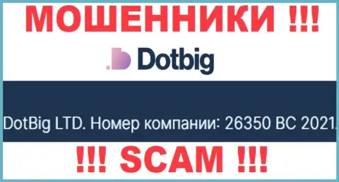 Регистрационный номер мошенников DotBig Com, размещенный ими у них на сайте: 26350 BC 2021