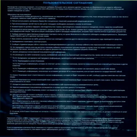 Пользовательское соглашение Zineera, представленное на web-сервисе брокерской организации