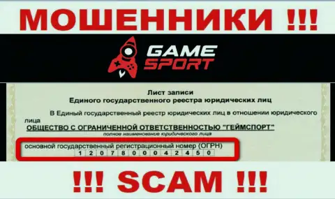 Номер регистрации организации, которая управляет Game Sport Com - 1207800042450